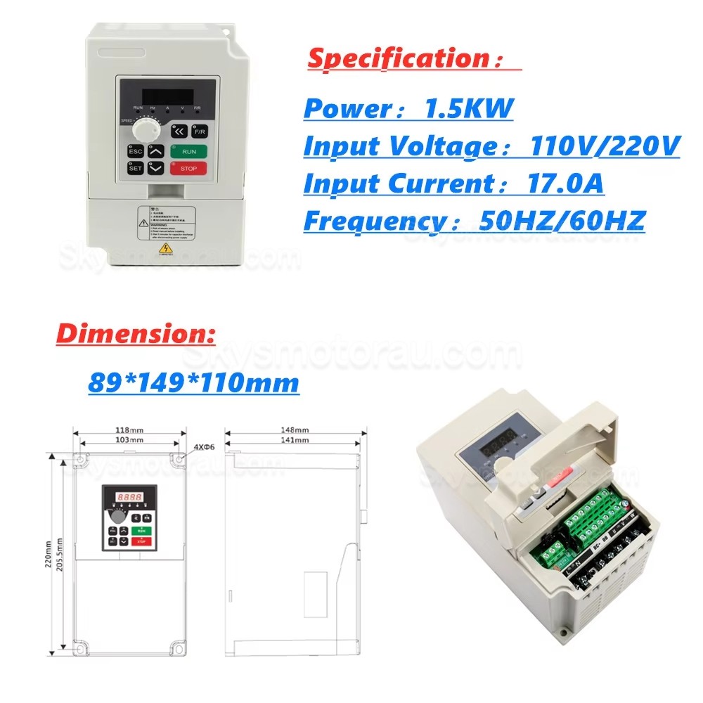 1.5KW 2HP VFD (Variable Frequency Drive) Handi H100-1.5C2 / H100-1.5S2 110V/220V Single Phase to Three Phase